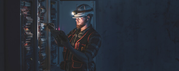 A male electrician in overalls, focused on work in switchboard with fuses, using tablet.