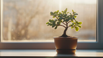 small potted plant with lush green leaves sits on windowsill, illuminated by warm sunlight, creating serene and peaceful atmosphere