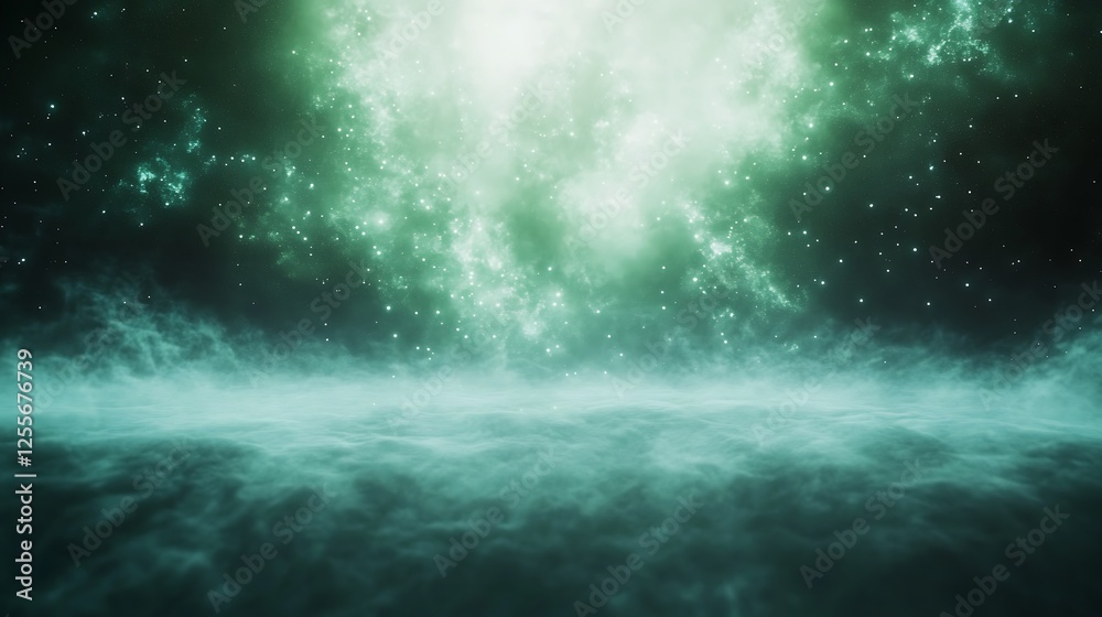 Poster a mesmerizing cosmic scene featuring ethereal green light and shimmering particles above a misty hor