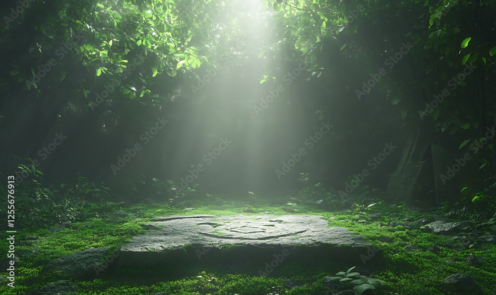 Fototapete a tranquil forest clearing illuminated by soft light, featuring lush greenery and a moss-covered sto