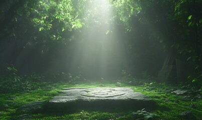 Obraz premium A tranquil forest clearing illuminated by soft light, featuring lush greenery and a moss-covered stone, creating a serene atmosphere.