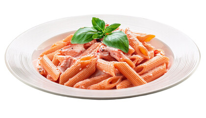 Penne alla Vodka pasta in a pink tomato cream isolated on white background remove png, Clipping Path