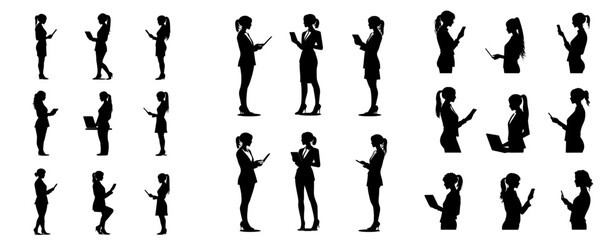 A compilation of business women and teachers in skirts across different scenarios and poses. Modern, easily editable illustration