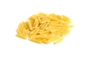 A pile of dry pasta lies on a white background.