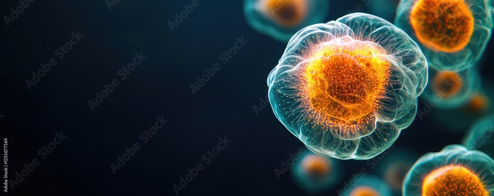 Poster Marine life microscopic idea. Vibrant microscopic view of cells showcasing intricate structures and colors.