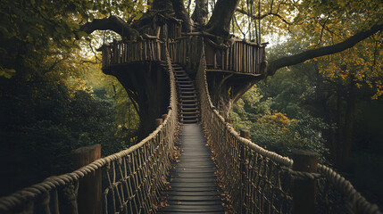 Fototapeta premium A suspended treehouse with intricate rope bridges and spiral staircases winding around the trunk.