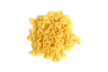 A pile of dry pasta lies on a white background.