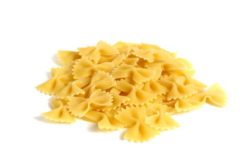 A pile of dry pasta lies on a white background.