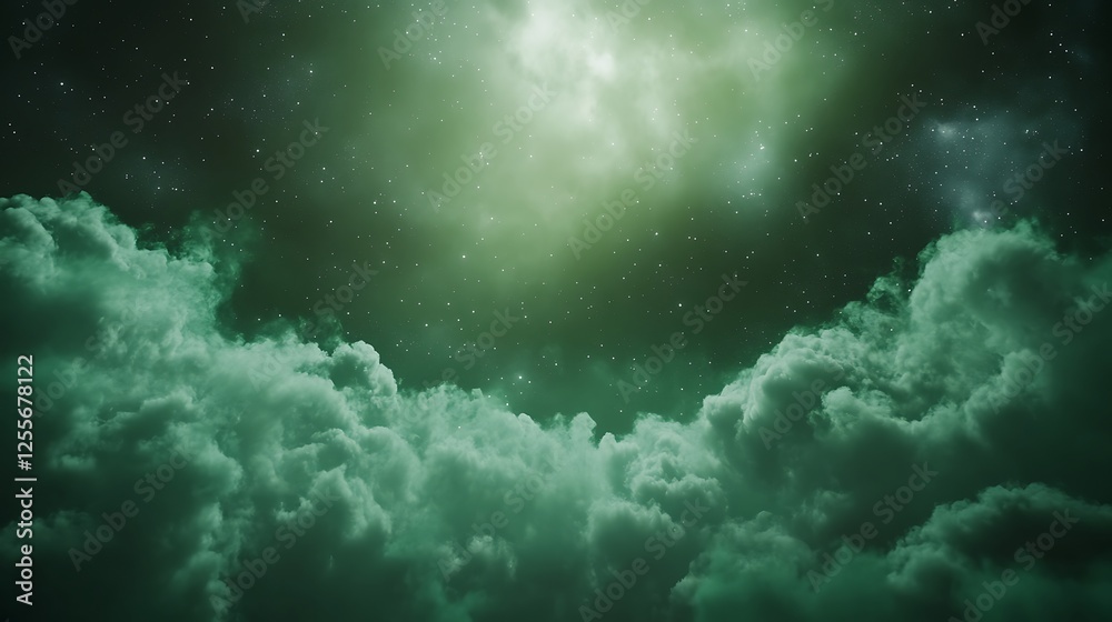 Fototapete a mystical green cloudscape illuminated by soft light, dotted with stars, creating an ethereal and o