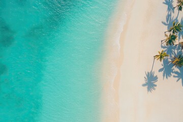 Turquoise waters gently lap against pristine sandy shore, framed
