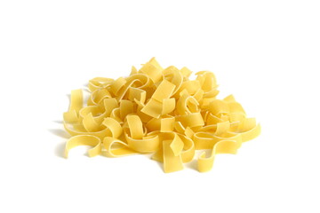 A pile of dry pasta lies on a white background.