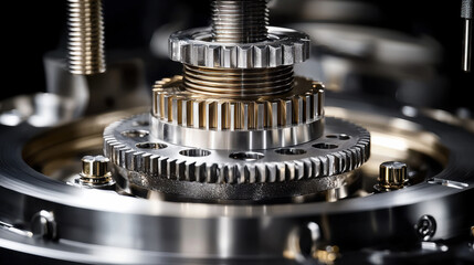 Close up of gears meshing perfectly in complex mechanical system