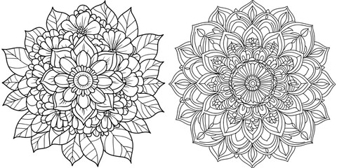 Isolated flower mandala in a modern style, featuring round line patterns. A vintage monochrome element suitable for coloring pages and design