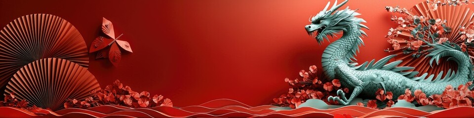 Obraz premium Teal Dragon Amidst Red Paper Flowers and Fans