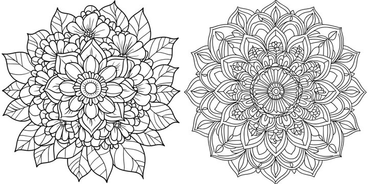 Isolated flower mandala in a modern style, featuring round line patterns. A vintage monochrome element suitable for coloring pages and design
