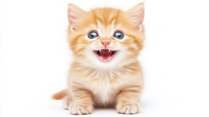 Playful Ginger Kitten with Bright Blue Eyes and a Joyful Expression Against a White Background