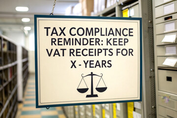 A sign reminding individuals to keep VAT receipts for tax compliance, featuring a scale symbol, in an organized office space with filing cabinets.