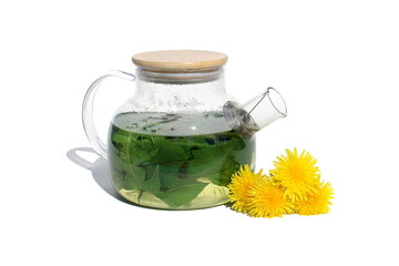 On a white background there is a teapot with a decoction of dandelion leaves.