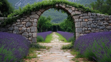 Obraz premium Fragrant lavender field leading to a stone archway covered in climbing roses.