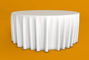 Round table with tablecloth isolated on yellow background. Meeting room table clothes, white silk table clothes.	

