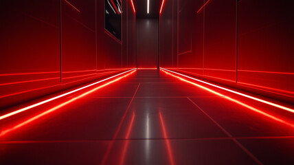 futuristic hallway with glowing red lights and sleek surfaces creates dramatic atmosphere. modern design emphasizes clean lines and high tech aesthetic
