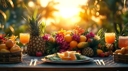 A festive tropical table setting on a patio, decorated with lush greenery, colorful fruit arrangements, vibrant cocktails, and bamboo accents, with a stunning sunset in the background,