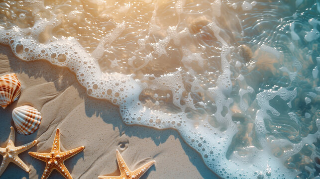 close-up sand ocean beach starfish shells sparkling blue water ripples sea waves