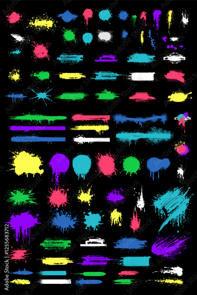 Poster a vibrant collection of paint splashes and brush strokes in various colors arranged on a black backg
