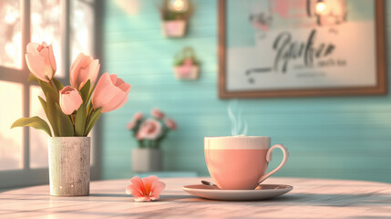cozy scene featuring pink cup of coffee, fresh flowers, and bright interior. warm ambiance invites relaxation and enjoyment.