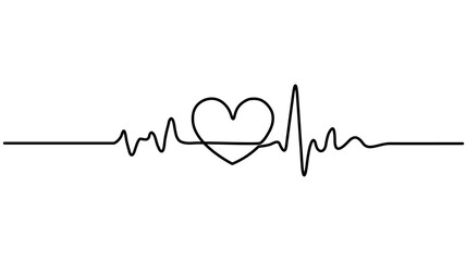 Continuous line drawing of heart with heartbeat. Pulse trace. Cardiogram icon, Heartbeat cardiogram healthcare concept., One line heartbeat graph Vector illustration single sketch outline.
