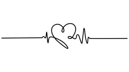 Continuous line drawing of heart with heartbeat. Pulse trace. Cardiogram icon, Heartbeat cardiogram healthcare concept., One line heartbeat graph Vector illustration single sketch outline.