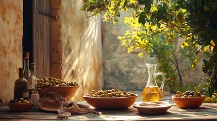 A luxurious Mediterranean dining scene with a table covered in warm terracotta tones, bowls of olives, a carafe of chilled white wine, and glowing sunlight streaming through nearby greenery,
