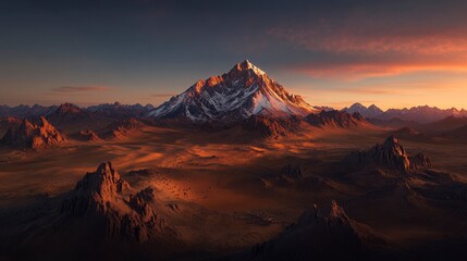 Naklejka premium Majestic Mountain Peak Surrounded by Vast Desert Landscape at Sunset