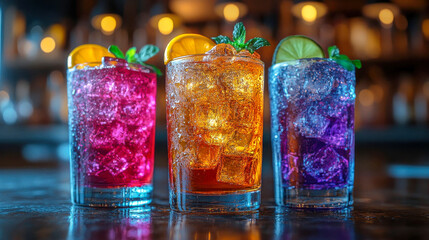 Three vibrant cocktails with ice cubes, garnished with fruit and mint, on a reflective bar surface