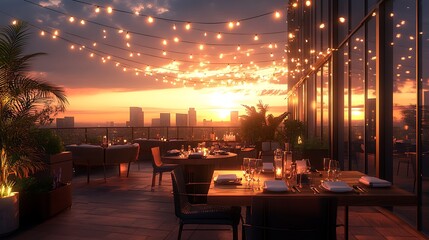 A luxurious rooftop dining scene at sunset, soft linens and glowing string lights overhead, cozy modern chairs, golden light reflecting off the glassware, city skyline in the background,