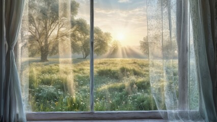 View from a window on a spring morning, with translucent curtains. Soft sunlight filters into the room, while outside, wildflowers and green grass create a peaceful, fresh outdoor scene