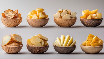 Various Fresh Fruits Displayed in Bowls on Neutral Background