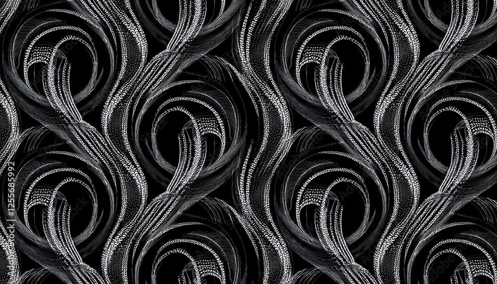 Poster abstract black and white swirling wave pattern, dynamic flowing lines, circular and curved texture for textile or wallpaper design