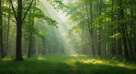 Obraz premium Sun Rays Streaming Through Green Forest Canopy Creating a Magical Scene