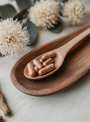 Organic capsules on wooden spoon with flowers and greenery nearby
