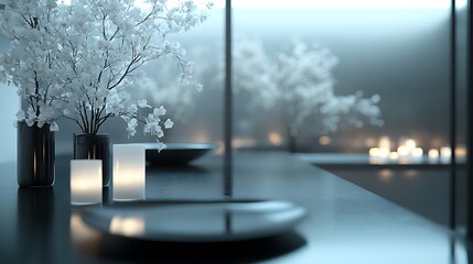 A modern black-and-white table with minimalist decor, including a black runner, white candles, and subtle gray accents, a polished surface reflecting ambient light, clean and refined aesthetics,