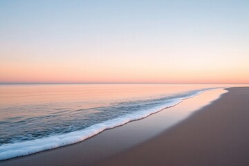 Gentle waves kiss sandy shore beneath pastel sky at dawn, creati