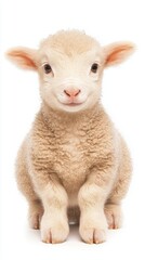 Fototapeta premium Easter spiritual festival religion. A cute, fluffy lamb sits calmly, showcasing its soft wool and innocent expression against a plain background.