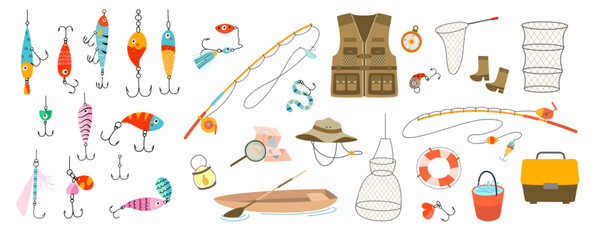Fishing accessories. Different lures, rods, fish hooks, baits, plastic bucket with water for fish. Angling equipment and fisherman clothes, nowaday vector set