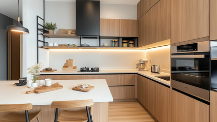 Fototapeta premium Modern kitchen with wooden cabinets, sleek appliances, and cozy dining area. warm lighting creates inviting atmosphere, perfect for cooking and entertaining