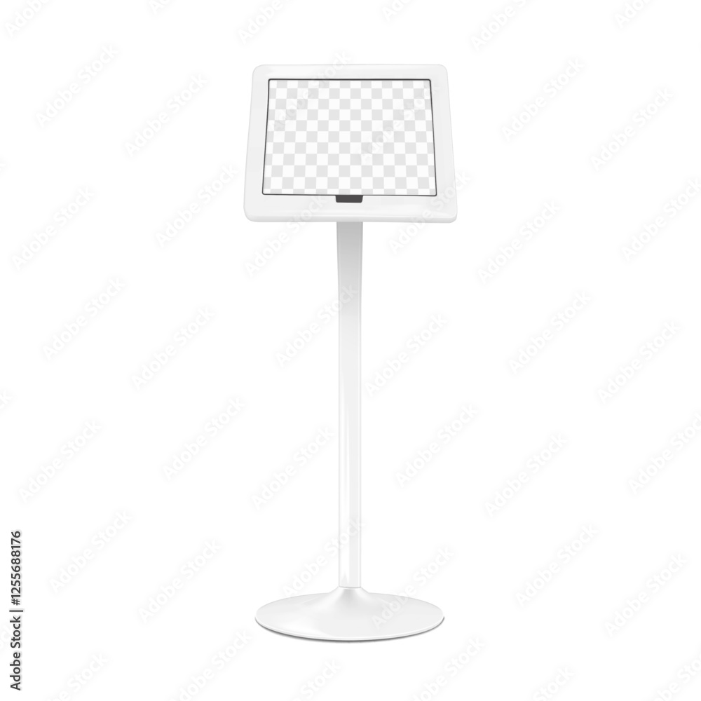 Wall mural digital tablet holder on metal base with transparent screen front view vector mockup. floor ipad pod