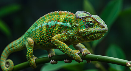 Fototapeta premium Green Chameleon on Branch Close-up
