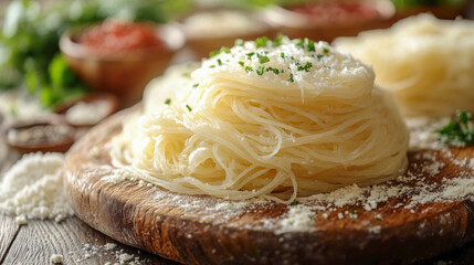 A mound of freshly prepared kataifi dough, finely shredded and topped with grated cheese, resting on a wooden board with scattered flour