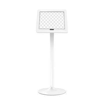 Digital tablet holder on metal base with transparent screen front view vector mockup. Floor ipad podium stand mock-up. Menu information display board. Template for design