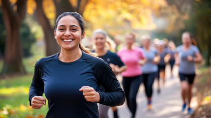 Group of diverse middle aged athletes running a marathon in a park on a sunny day, with a smiling woman leading the way, showcasing energy and joy amidst vibrant fall foliage
